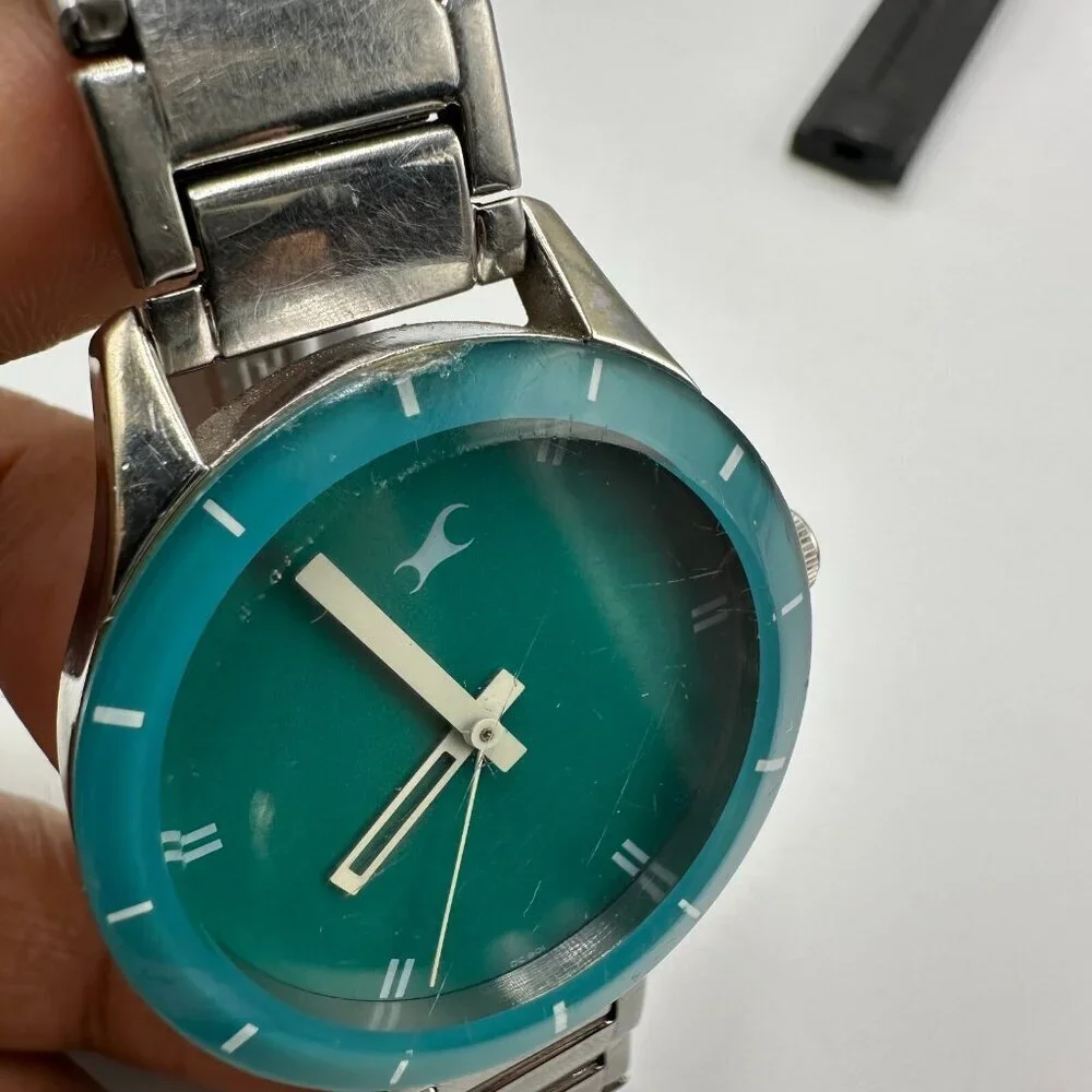 3/$30 Fastrack Watch Women Silver Tone Green Dial Stainless Steel 34MM